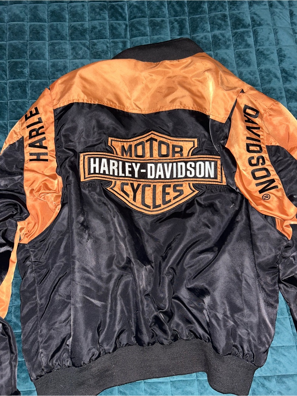 Harley-Davidson Black and Orange Embroidered Logo Bomber Jacket uni sex